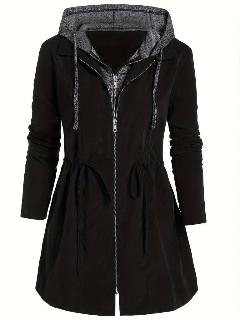 kkboxly  Plus Size Casual Coat, Women's Plus Colorblock Double Zip Up Long Sleeve Drawstring Nipped Waist Ruched Hooded Coat