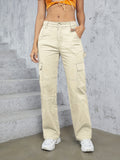 kkboxly  Plain Flap Pockets Cargo Pants, Loose Fit High Waist Wide Legs Sports Straight Jeans, Women's Activewear