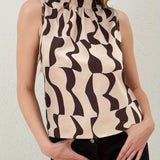 kkboxly  Random Print Back Tied Blouse, Casual Mock Neck Sleeveless Blouse For Spring & Summer, Women's Clothing
