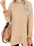 kkboxly  Solid Turtle Neck Split Sweater, Casual Long Sleeve Sweater For Fall & Winter, Women's Clothing
