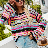 kkboxly  Hollow Striped Knit Sweater, Casual Crew Neck Long Sleeve Sweater, Women's Clothing