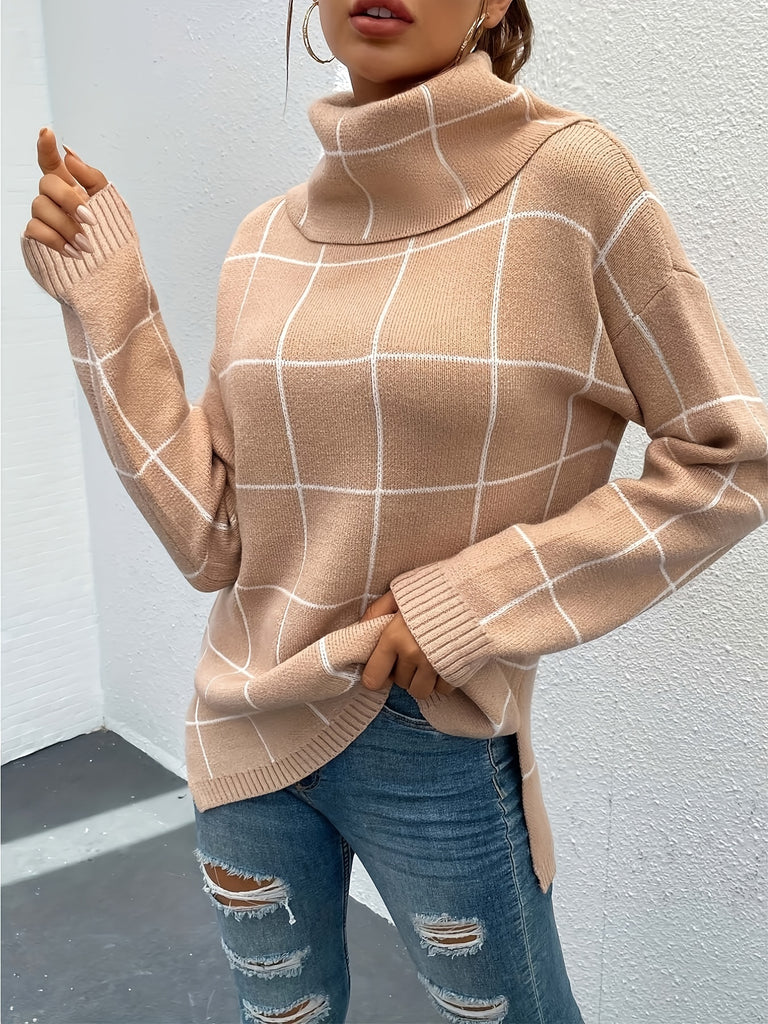kkboxly  Plaid Pattern Turtleneck Knitted Pullover Top, Casual Long Sleeve Sweater For Fall & Winter, Women's Clothing