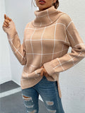 Plaid Pattern Turtleneck Knitted Pullover Top, Casual Long Sleeve Sweater For Fall & Winter, Women's Clothing