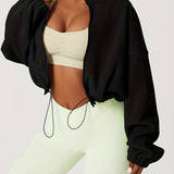 kkboxly  Zip Up Drop Shoulder Jacket, Casual Solid Long Sleeve Drawstring Crop Jacket For Fall, Women's Clothing