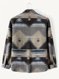 kkboxly  Stylish Geometric Pattern Men's Woven Long Sleeve Button Down Shirt Jacket With Pockets, Men's Fall Winter All-match Outwear