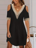 kkboxly  Contrast Lace Cold Shoulder Dress, Casual V Neck Short Sleeve Dress, Women's Clothing
