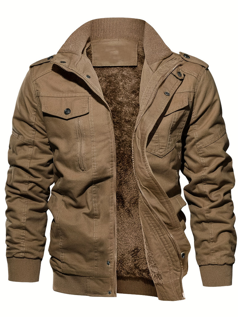 kkboxly  Warm Plush Fleece Cotton Jacket, Men's Casual Zipper Pockets Stand Collar Jacket Coat For Fall Winter