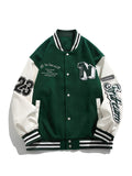 kkboxly Loose Fit Varsity Jacket, Men's Casual Color Block Button Up Jacket For Spring Fall School Baseball