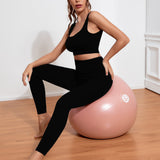 kkboxly  2 Pieces Yoga Workout Sports Set, Solid Color Seamless Ribbed Casual Suit, U-neck High Impact Sports Bra & Leggings, Women's Activewear