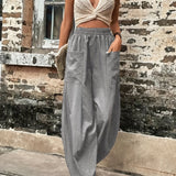 2025 kkboxly  Boho Solid Elastic Waist Harem Pants, Casual Long Length Baggy Pants With Pockets For Spring & Summer, Women's Clothing