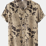 kkboxly  Men's Casual Cotton Leaf And Flower Graphic Short Sleeve Shirt, Male Clothes For Summer