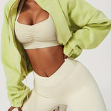 kkboxly  Zip Up Drop Shoulder Jacket, Casual Solid Long Sleeve Drawstring Crop Jacket For Fall, Women's Clothing