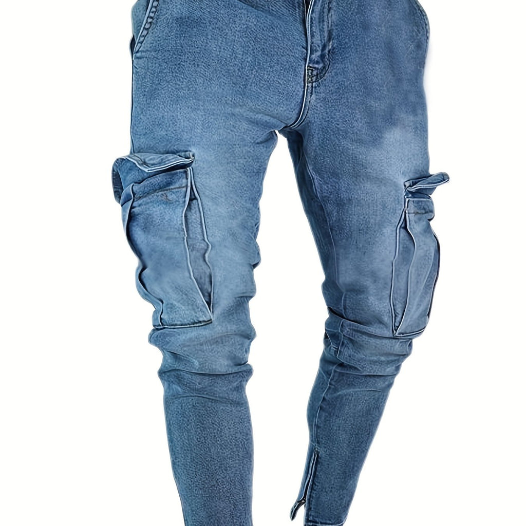 kkboxly  Slim Fit Flap Pocket Cargo Jeans, Men's Casual Solid Color Slightly Stretch Multi Pocket Denim Pants For Spring Summer
