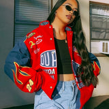 Graphic Print Stand Collar Jacket, Street Wear Long Sleeve Button Front Outerwear, Women's Clothing