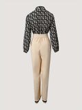 kkboxly  Geometric Print Stitching Jumpsuit, Long Sleeve Lace Up Wide Leg Jumpsuit, Women's Clothing