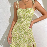 Kkboxly  Floral Print Spaghetti Dress, Romantic Split Backless Lace Up Cami Dress, Women's Clothing