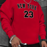 kkboxly  NEW YORK 23 Print Fashionable Men's Casual Long Sleeve Crew Neck Pullover Sweatshirt,Suitable For Outdoor Sports,For Autumn Spring,Can Be Paired With Hip-hop Necklace,As Gifts