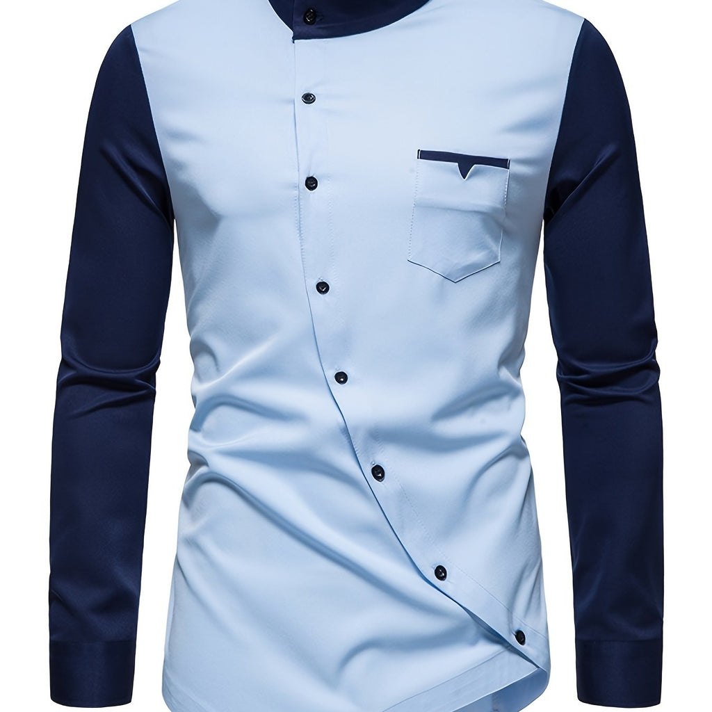 Men's Personality Knob Irregular Contrast Henley Collar Long Sleeve Shirt