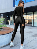 kkboxly  Solid V Neck Jumpsuit, Casual Long Sleeve Jumpsuit For Spring & Fall, Women's Clothing
