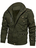 kkboxly  Men's Winter Cargo Jackets Casual Thicken Multi-Pocket Outwear Fleece Lined Military Warm Coat Removable Hood