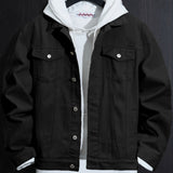 kkboxly Men's Casual Cotton Denim Jacket, Street Style Button Up Jacket With Pocket Design, Spring Fall Outdoor