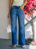 kkboxly  Plus Size Casual Jeans, Women's Plus Solid Button Fly High Rise Medium Stretch Wide Leg Jeans