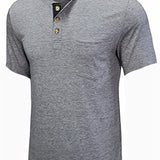 kkboxly  Breathable Solid Color Henley Shirt, Men's Casual V-Neck Pullover T-Shirt Short Sleeve For Summer, Men's Clothing