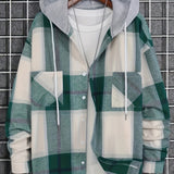 kkboxly  Men's Casual Plaid Hooded Jacket, Long Sleeve Button Down Comfy Shirt For Men's Autumn & Winter Outdoor Activities