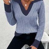 kkboxly  Color Block Cable Knit Pullover Sweater, Casual V Neck Long Sleeve Sweater, Women's Clothing