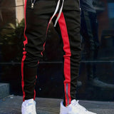 Contrast Color Design Drawstring Sweatpants Pants Men's Casual Slightly Stretch Joggers Slit Side With Zipper For Spring Autumn