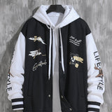 kkboxly Letter Print Varsity Jacket, Men's Casual Baseball Jacket Coat Regular Fit College Hipster Windbreaker For Spring Autumn