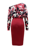 kkboxly Casual Bodycon Two-piece Set, Floral Print Slanted Shoulder Tops & Solid Ruched Bag Hip Skirts Outfits, Women's Clothing