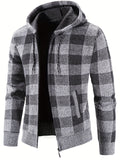 kkboxly  Men's Full Zip Up Casual Hooded Cardigan, Plaid Regular Fit Knit Sweater Jacket For Winter Fall