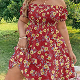 kkboxly  Plus Size Casual Dress, Women's Plus Floral Print Shirred Lettuce Trim Off Shoulder Smock Dress