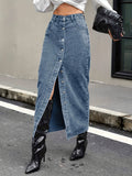 kkboxly  Single Breasted Button Split Denim Midi Skirt, Slant Pockets Non-Stretch Denim Skirt, Women's Denim Clothing