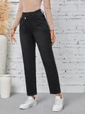 kkboxly  Stepped Waist Plain Straight Leg Jeans, Casual Slash Pocket Asymmetric Denim Pants, Women's Denim Jeans & Clothing