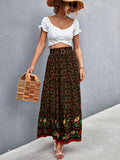 kkboxly  Boho Ditsy Floral Print High Waist Skirt, Boho Pleated Drawstring A Line Skirt, Women's Clothing