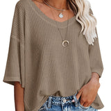 kkboxly  Solid Elegant V Neck T-Shirt, Drop Shoulder Casual Top For Summer & Spring, Women's Clothing