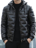 kkboxly  Men's Casual Warm Padded Jacket, Zip Up Hooded Warm Thick Glossy Coat For Fall Winter