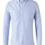 Men's Formal Classic Design Vertical Striped Button Up Shirt, Male Clothes For Spring And Fall Business Occasion