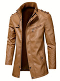 kkboxly  Vintage Style PU Jacket, Men's Casual Warm Fleece Zip Up Faux Leather Jacket
