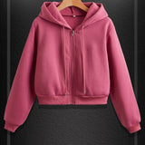 kkboxly  Solid Color Drawstring Crop Hoodie, Casual Zip Up Long Sleeve Hooded Sweatshirt