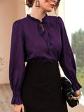 kkboxly  Tie Front Ruffle Trim Blouse, Elegant Solid Long Sleeve Blouse, Women's Clothing