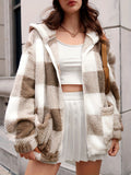 kkboxly  Plaid Hooded Teddy Coat, Elegant Zip Up Long Sleeve Winter Warm Outerwear, Women's Clothing