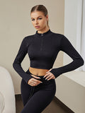 kkboxly  Women's Activewear: Fashionable Solid Color Half Zipper Yoga Sports Top with Stretchy Ribbed Knitting for Long Sleeve Fitness Workout Gym Wear