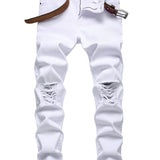kkboxly  Men's Casual Ripped Slim Fit White Cotton Jeans