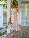 kkboxly  Leopard Print Ruffle Trim Dress, Casual Surplice Neck Maxi Dress, Women's Clothing
