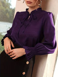 kkboxly  Tie Front Ruffle Trim Blouse, Elegant Solid Long Sleeve Blouse, Women's Clothing