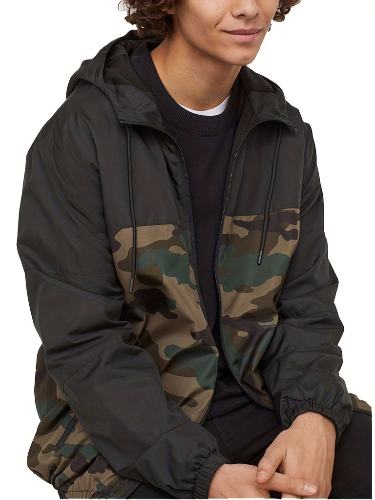 kkboxly  Camouflage Pattern Hooded Jackets By Activity, Men's Casual Loose Fit Breathable Zip Up Jackets For Spring Fall