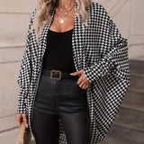 kkboxly  Plus Size Casual Coat, Women's Plus Houndstooth Bat Sleeve Open Front Oversized Cardigan